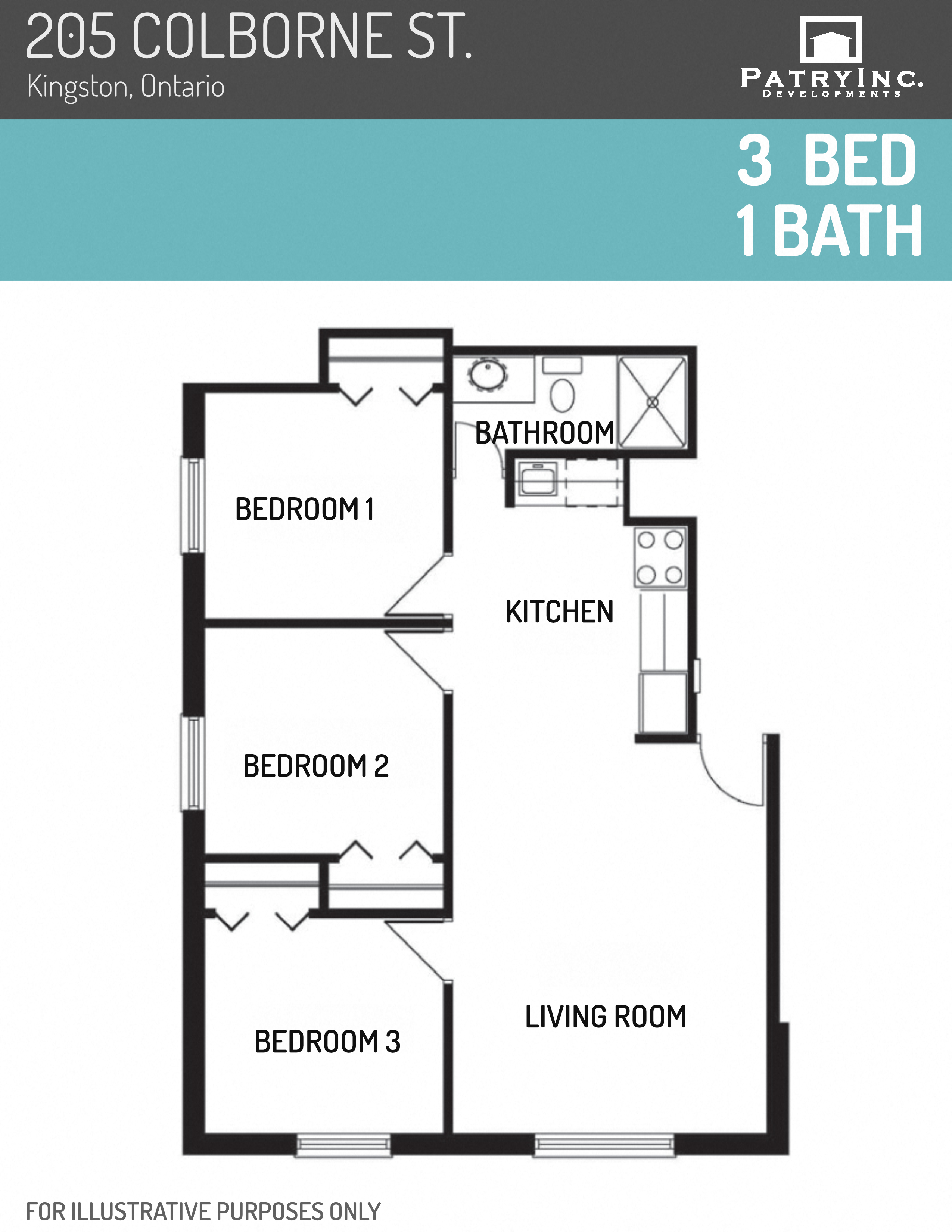 Floor plan for 3 beds, 1 bath